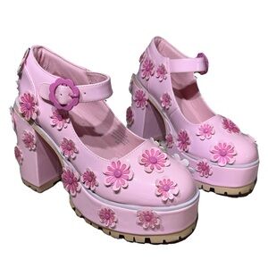 Sugar Thrillz Pastel Pink Floral Platform Heels 3D Flowers Y2K Kawaii Dollcore
